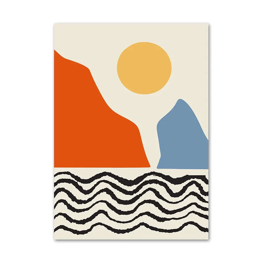 Piet Mondriaan - Rode en blauwe abstracte bergen met golven