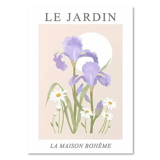 Les Fleurs | Les Jardin | Purple irises accompanied by white daisies.