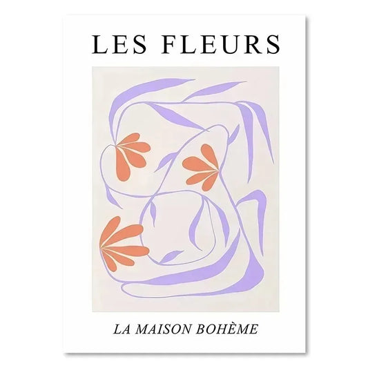 Les Fleurs | Les Jardin | Stylized floral design with abstract orange and purple flower shapes.